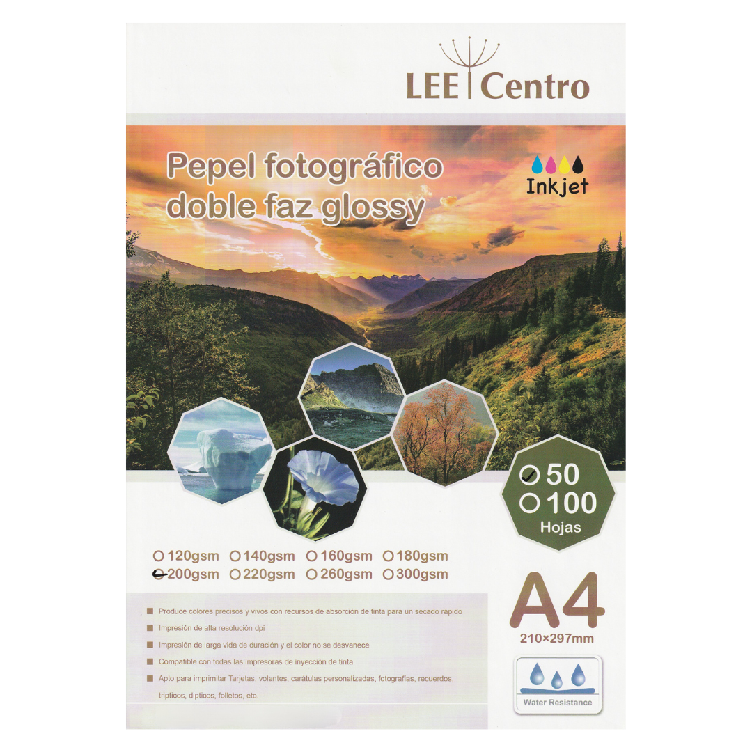 Papel fotográfico Doble Cara 200gr glossy A4 Lee Centro 50 Hojas